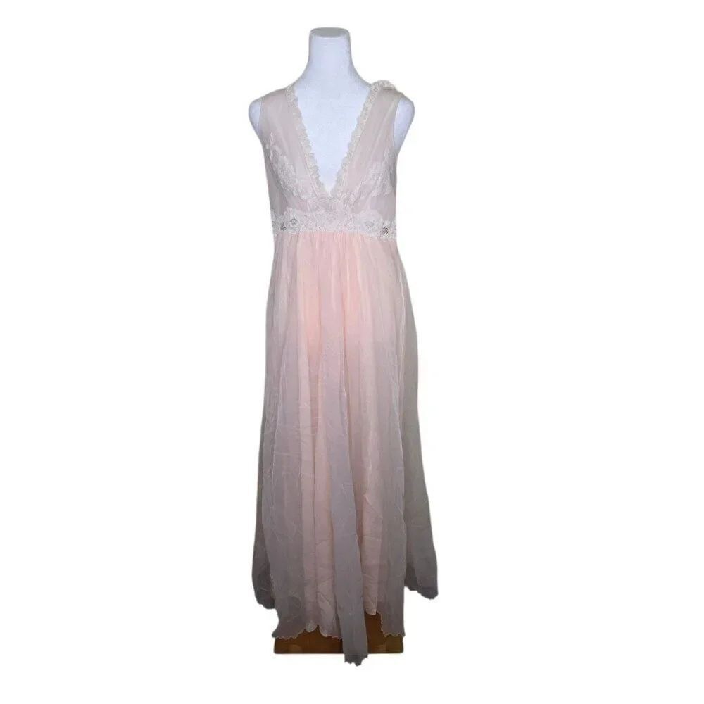 Intime California Vintage 70s Sleeveless Long Nylon Nightgown Womens Size M Peac